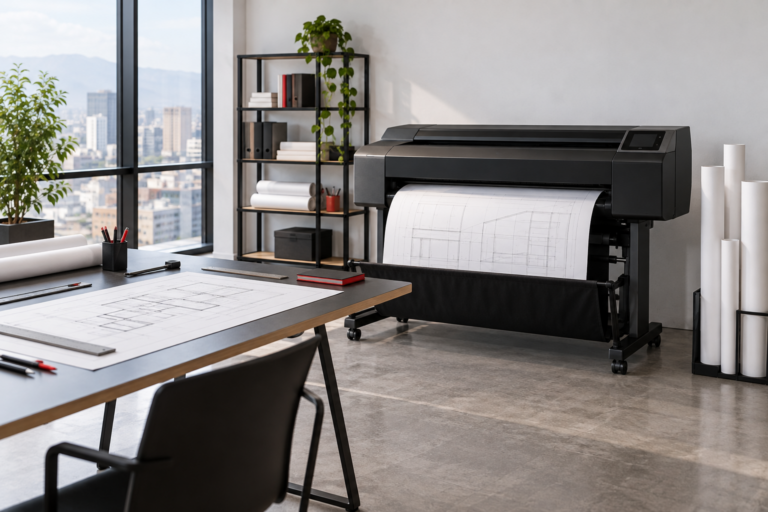 Plotter en una oficina con mesa de planificación y rollos de papel; escena ilustrativa