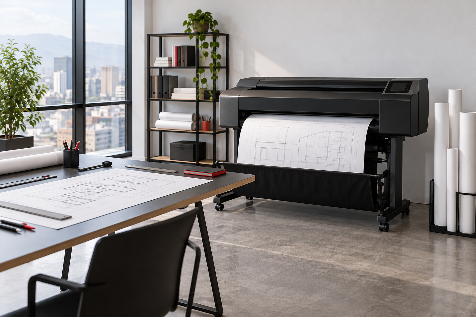 Plotter en una oficina con mesa de planificación y rollos de papel; escena ilustrativa
