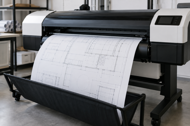 Plotter de gran formato con un dibujo técnico impreso; escena ilustrativa