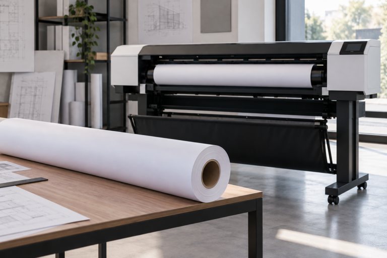 Plotter y rollo de papel sobre una mesa auxiliar; escena ilustrativa