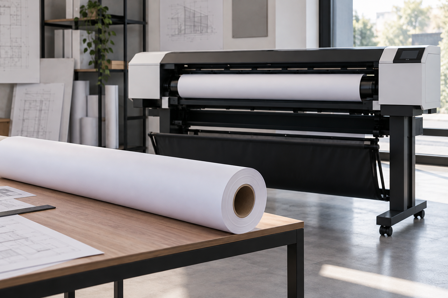 Plotter y rollo de papel sobre una mesa auxiliar; escena ilustrativa