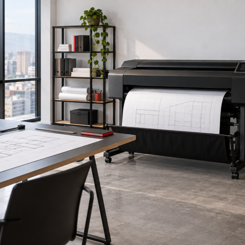 Plotter en una oficina con mesa de planificación y rollos de papel; escena ilustrativa
