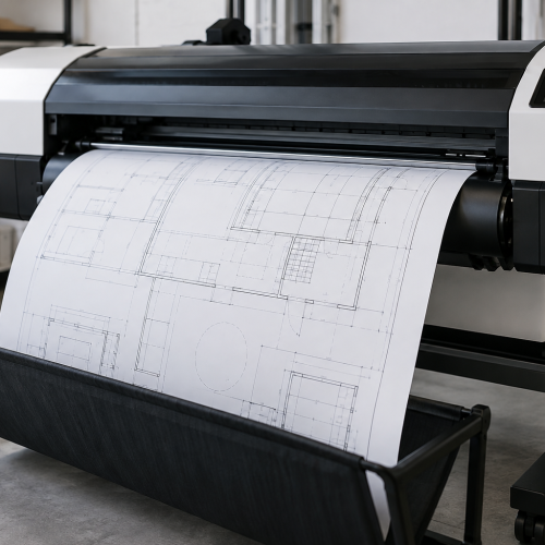 Plotter de gran formato con un dibujo técnico impreso; escena ilustrativa
