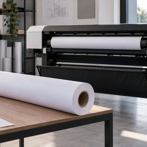 Plotter y rollo de papel sobre una mesa auxiliar; escena ilustrativa